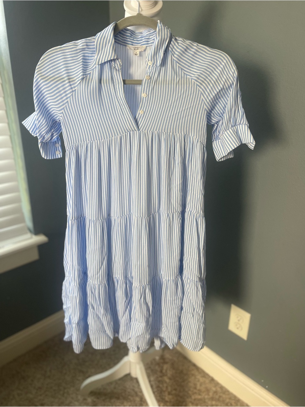 A Loves A Girls Blue White Stripe Tiered Shirt Dress Puff Sleeve Size Small